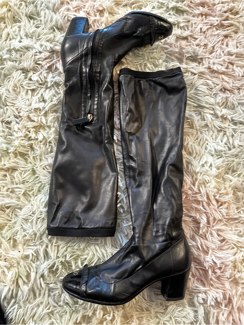 Chanel Knee High Cap Toe Ruffle CC Boots Size 36.5